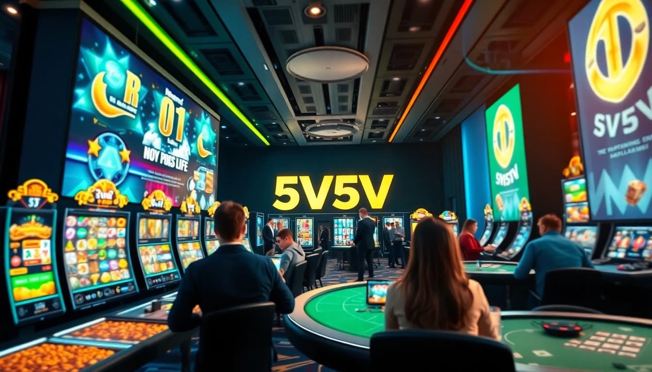 Dynamic online casino scene featuring vibrant games, emphasizing 5V5V immersion and excitement.
