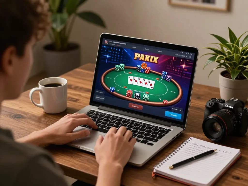 Engaging in online poker gaming via https://xx88gg.net/ with strategy notes and coffee.