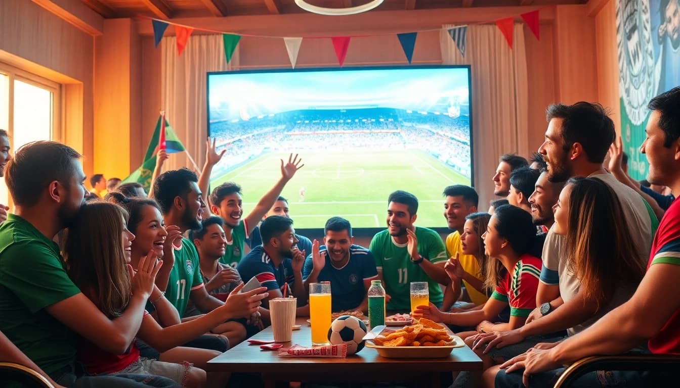 Fans enjoying socolive trực tiếp bóng đá in a vibrant, communal setting, with HD quality display.