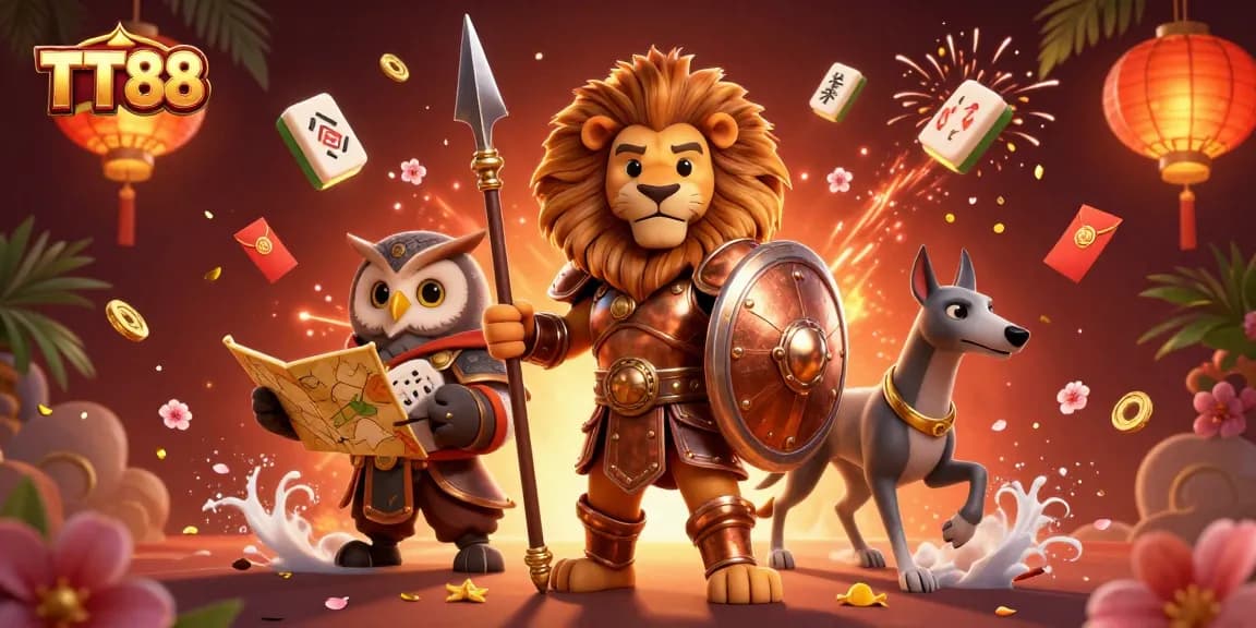 TT88 showcases an exciting scene with a lion, owl, and greyhound amid rich casino elements in a vibrant setting.