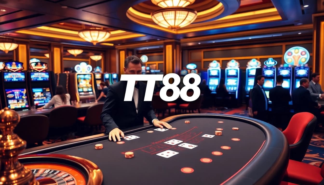 Engaging TT88 casino scene with a dealer at a blackjack table and vibrant slot machines.