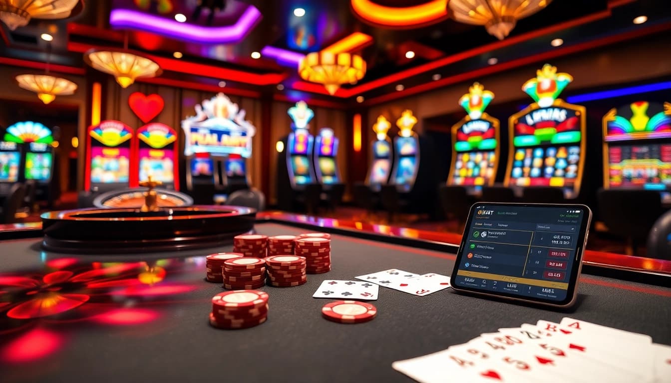 Engage in thrilling games at https://89bet.in.net/ with poker chips, roulette wheel, and vibrant casino atmosphere.