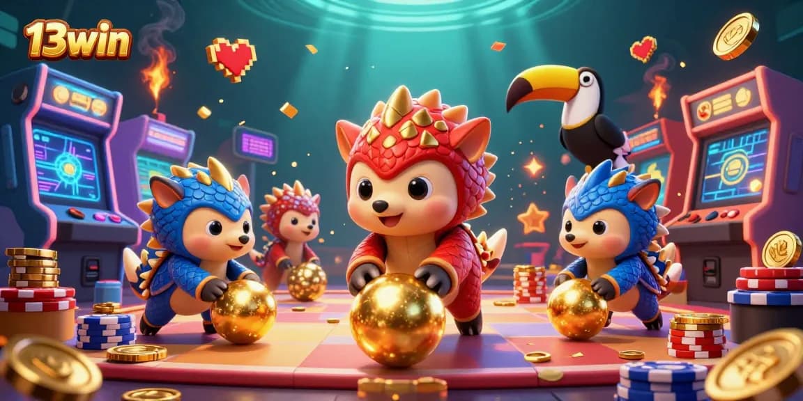 Experience thrilling 13win casino action with vibrant pangolins rolling through poker chips amid glowing arcade elements.