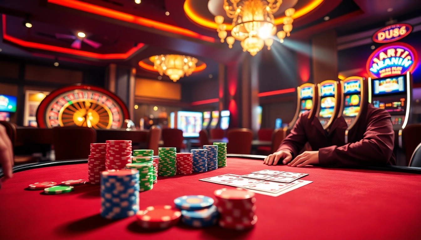 Engaging table scene at DU88 with poker chips and a roulette wheel, perfect for high-stakes gamblers.