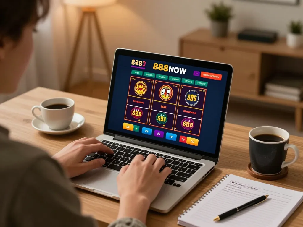Player engaging with the 888now online casino interface on a laptop during a cozy gaming session.