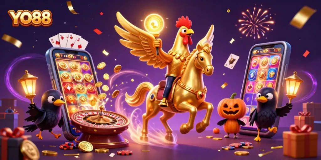 Experience YO88 action with a golden rooster in a midnight casino filled with games and celebration.