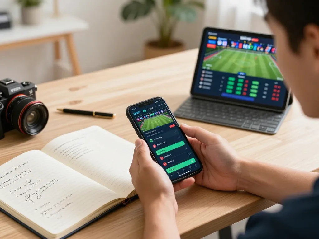 Person actively betting on the 9BET app during live sports events, with a cozy home gaming setup.