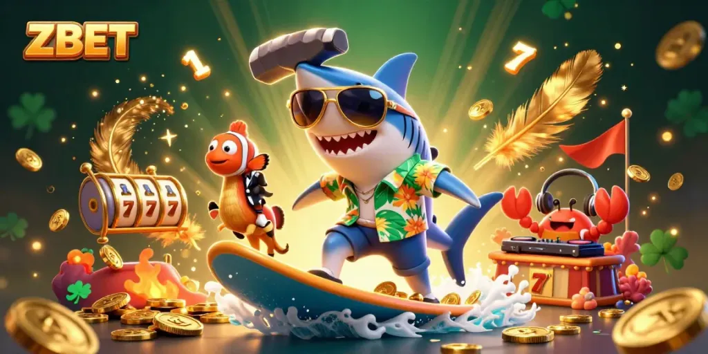 ZBET captures the thrill of online slots as a shark rides a wave of coins amidst 3D casino elements.