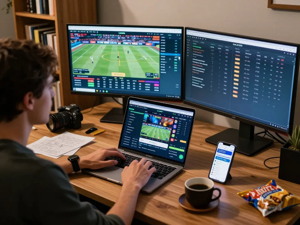 Engaging in sports betting on LU88 app from comfortable home workspace with multiple screens.