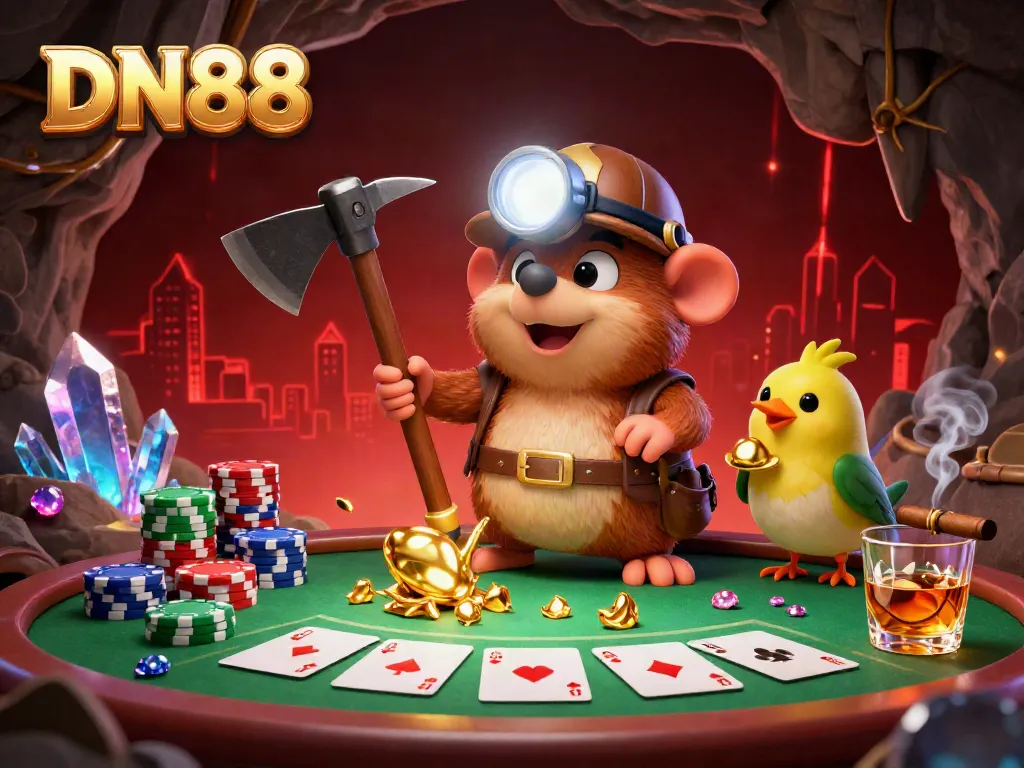 Experience the excitement of DN88 with a vibrant scene featuring a treasure hunter mole and poker elements in a dynamic cave setting.