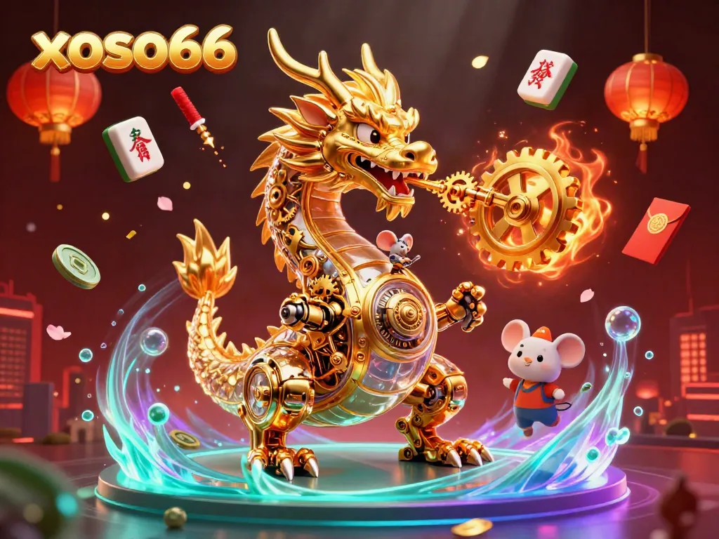 Experience thrilling adventures with xoso66: a golden dragon breathing gears and cogs in a vibrant casino world.