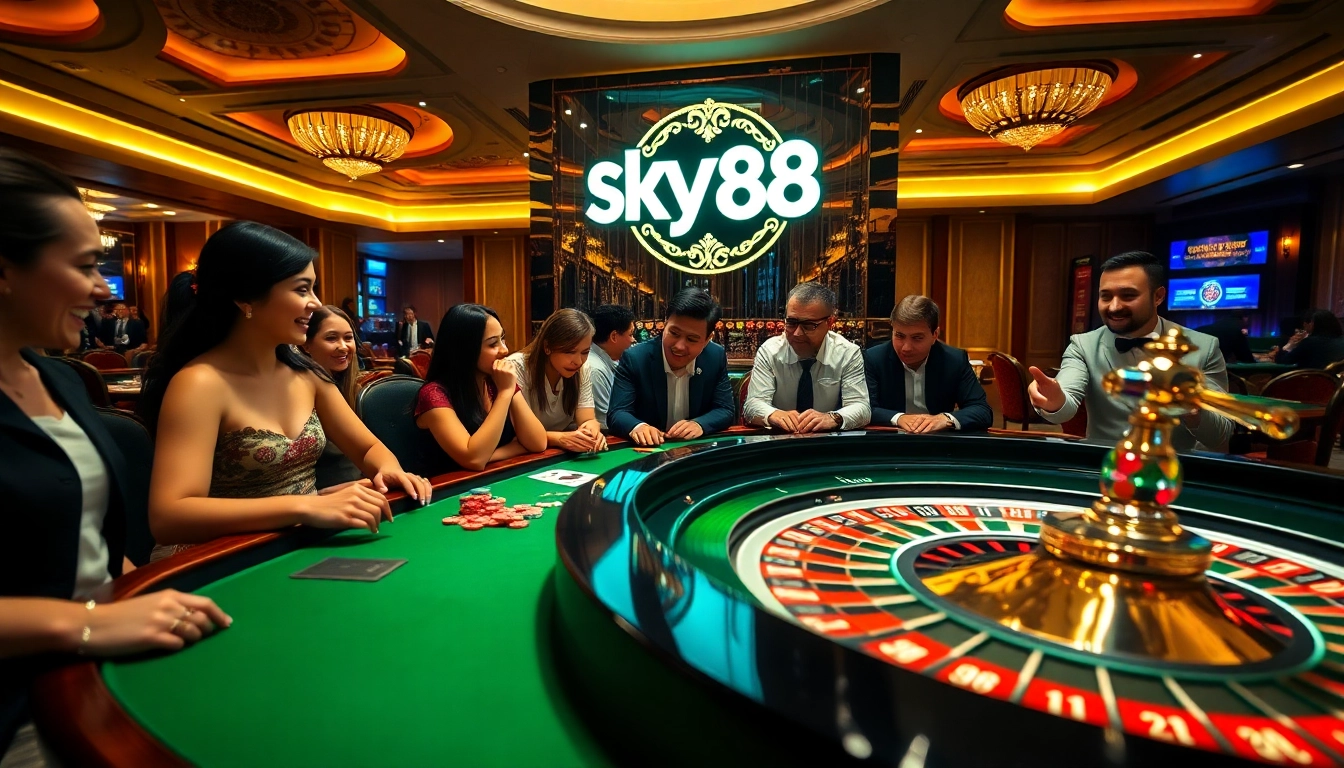 SKY88 players enjoying exciting table games and roulette in an upscale casino setting.