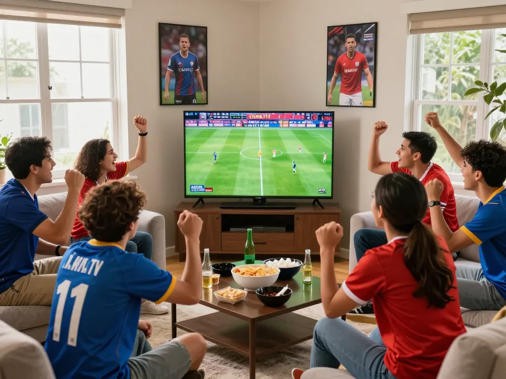 Cà Khịa TV football match viewed by friends in a lively living room.