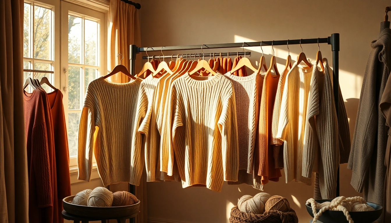 Showcase of High Quality Clothing Manufacturer with elegant knitwear sweaters in a boutique setting.