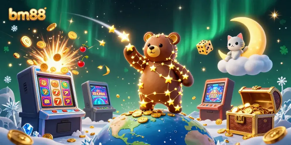 Experience exhilarating gaming moments with bm88 as the constellation bear scoops coins amidst jackpot excitement.