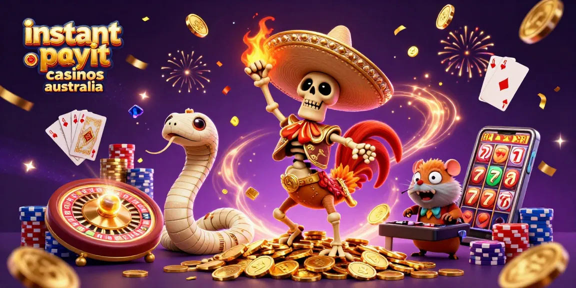 Celebrate wins at instant payout casinos Australia with a lively 3D illustration of a festive casino scene.