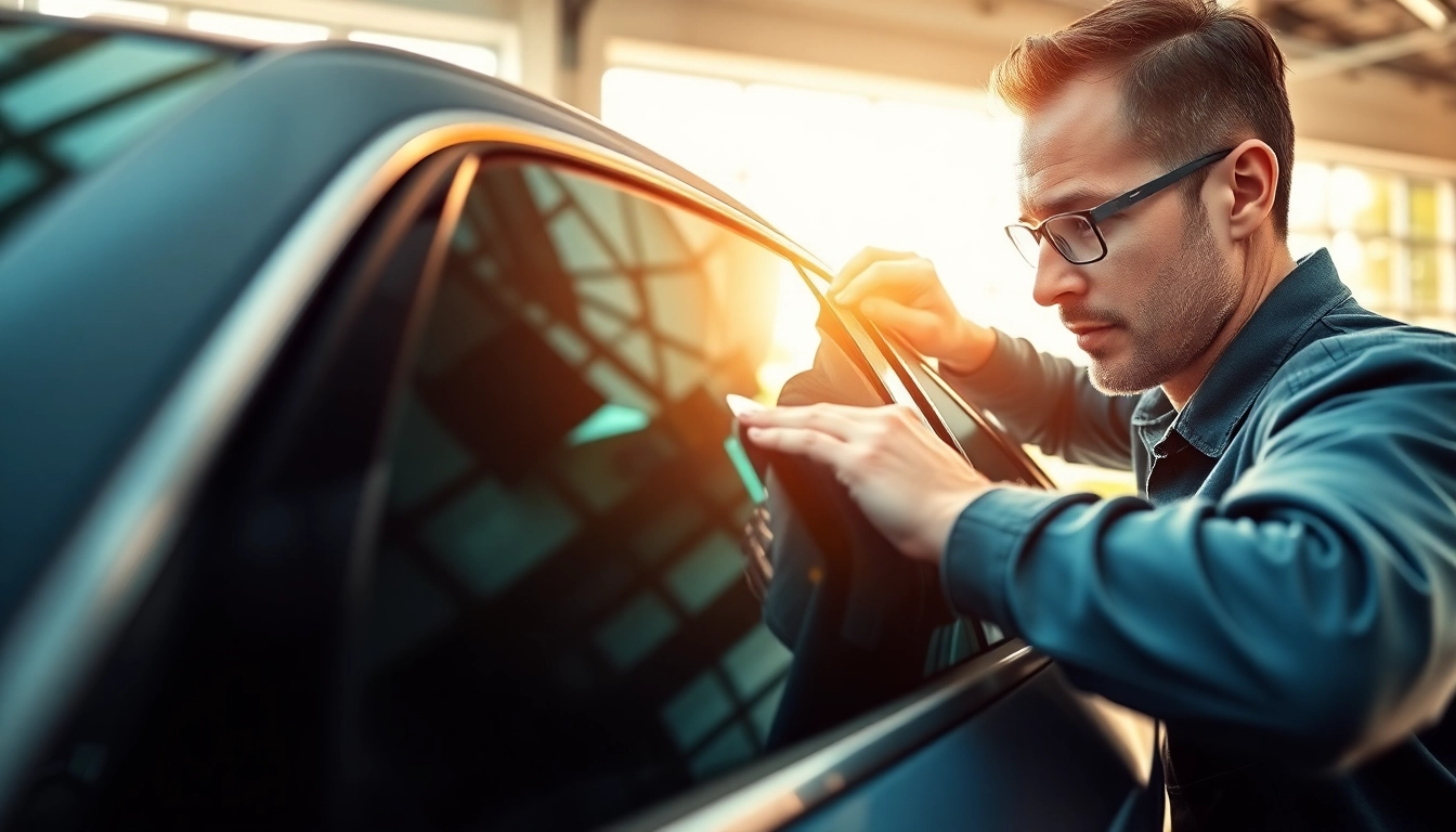 Apply auto window tint near me with precision in a professional garage setting.