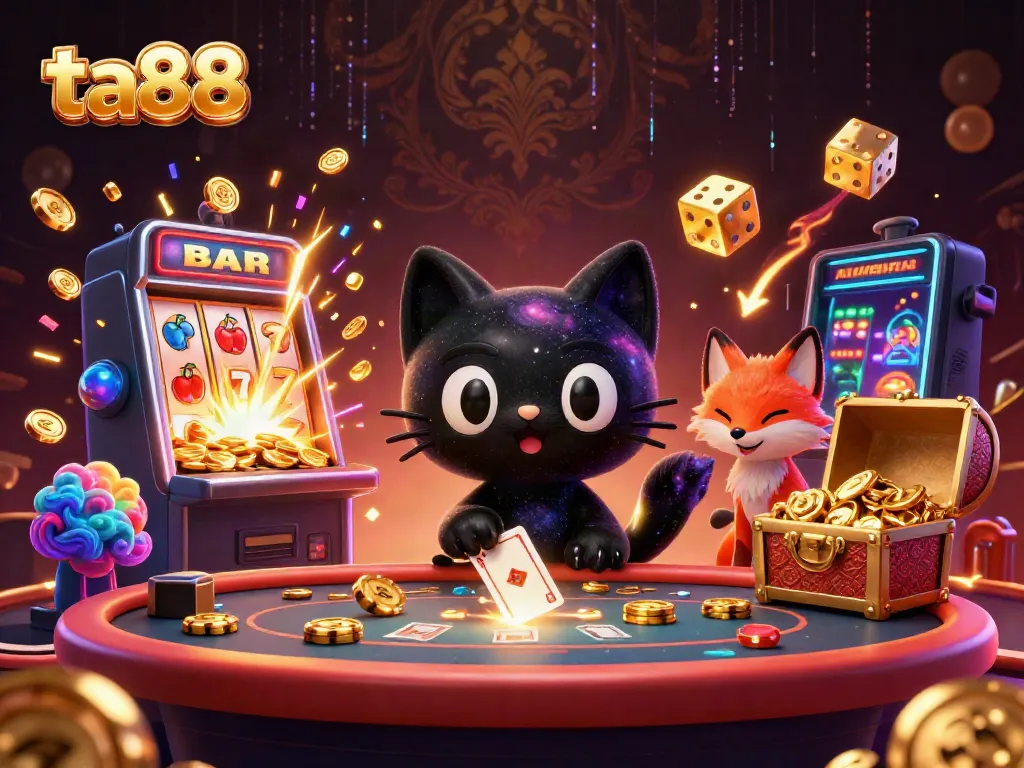 Engage with ta88 at a vibrant cosmic casino table, where a black hole cat pulls in chips and cards.