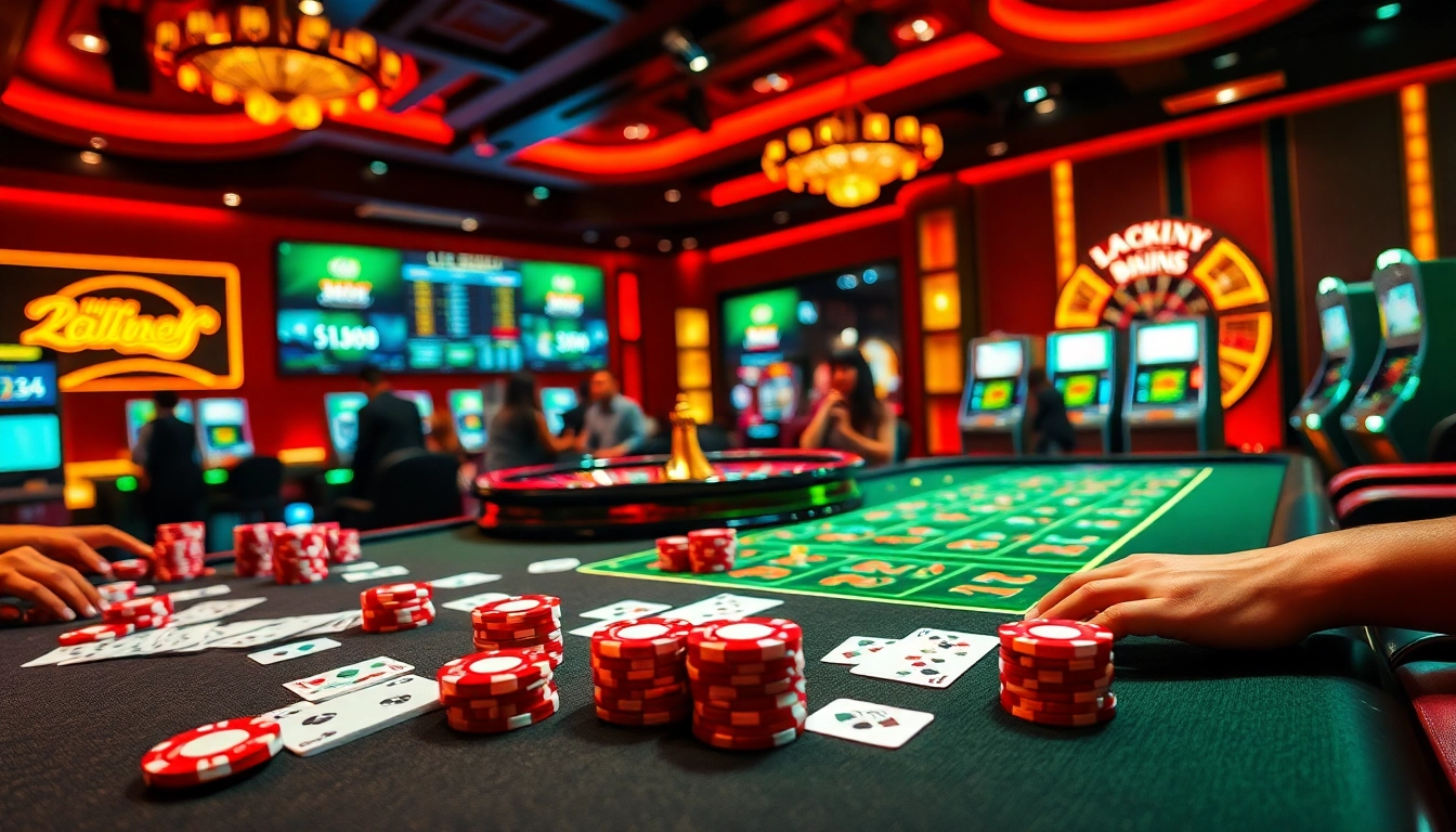 Xin88 players enjoy an exciting casino atmosphere with vibrant poker chips and live roulette.