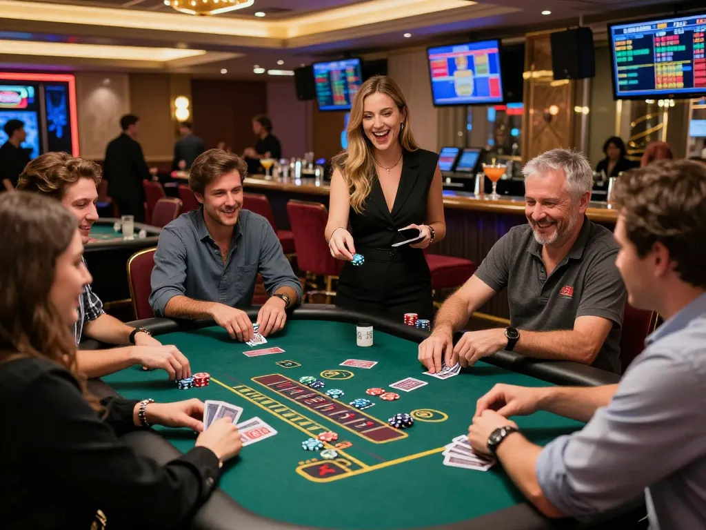 MAY88 casino players enjoying a thrilling blackjack game in a lively atmosphere.
