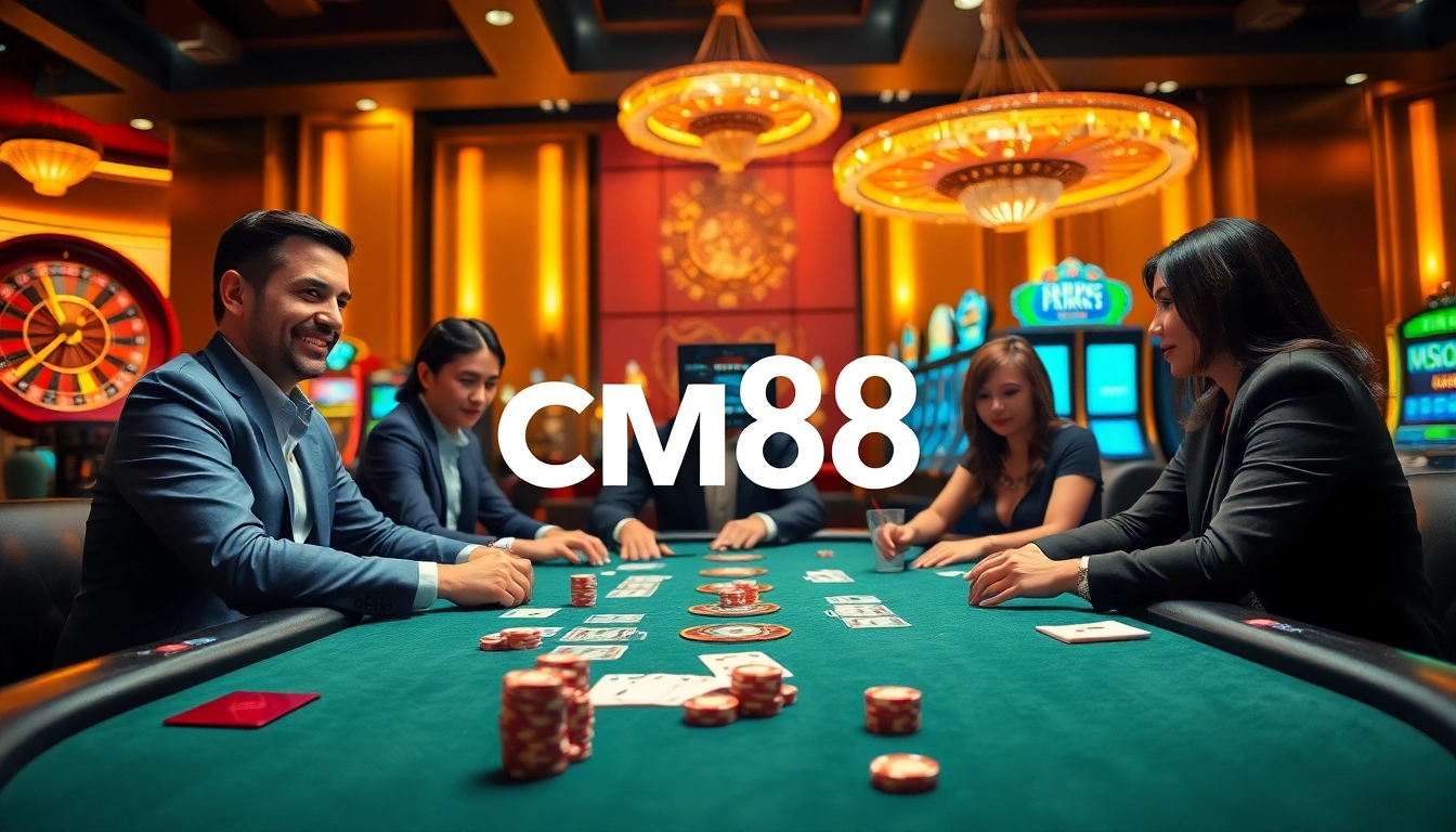 Experience the thrill of high-stakes poker at https://cm88.buzz/ with an elegant casino scene featuring poker tables and slot machines.