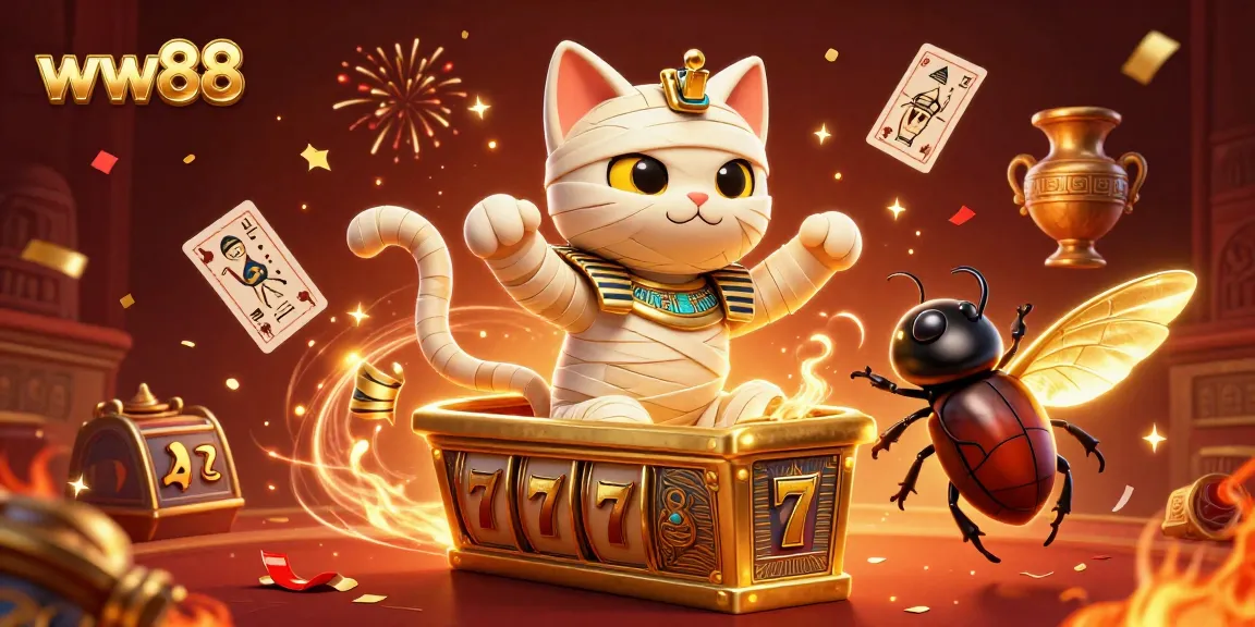 Engage with ww88's thrilling casino experience, featuring a mummy cat and vibrant game elements.