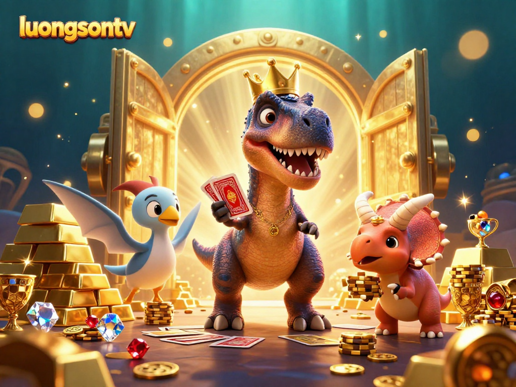 Experience excitement with luongsontv featuring a T-Rex shuffling cards and a triceratops stacking chips.