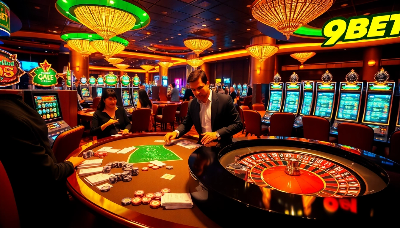 Players engaging in a thrilling moment with 9BET at a luxurious casino featuring roulette and slot machines.