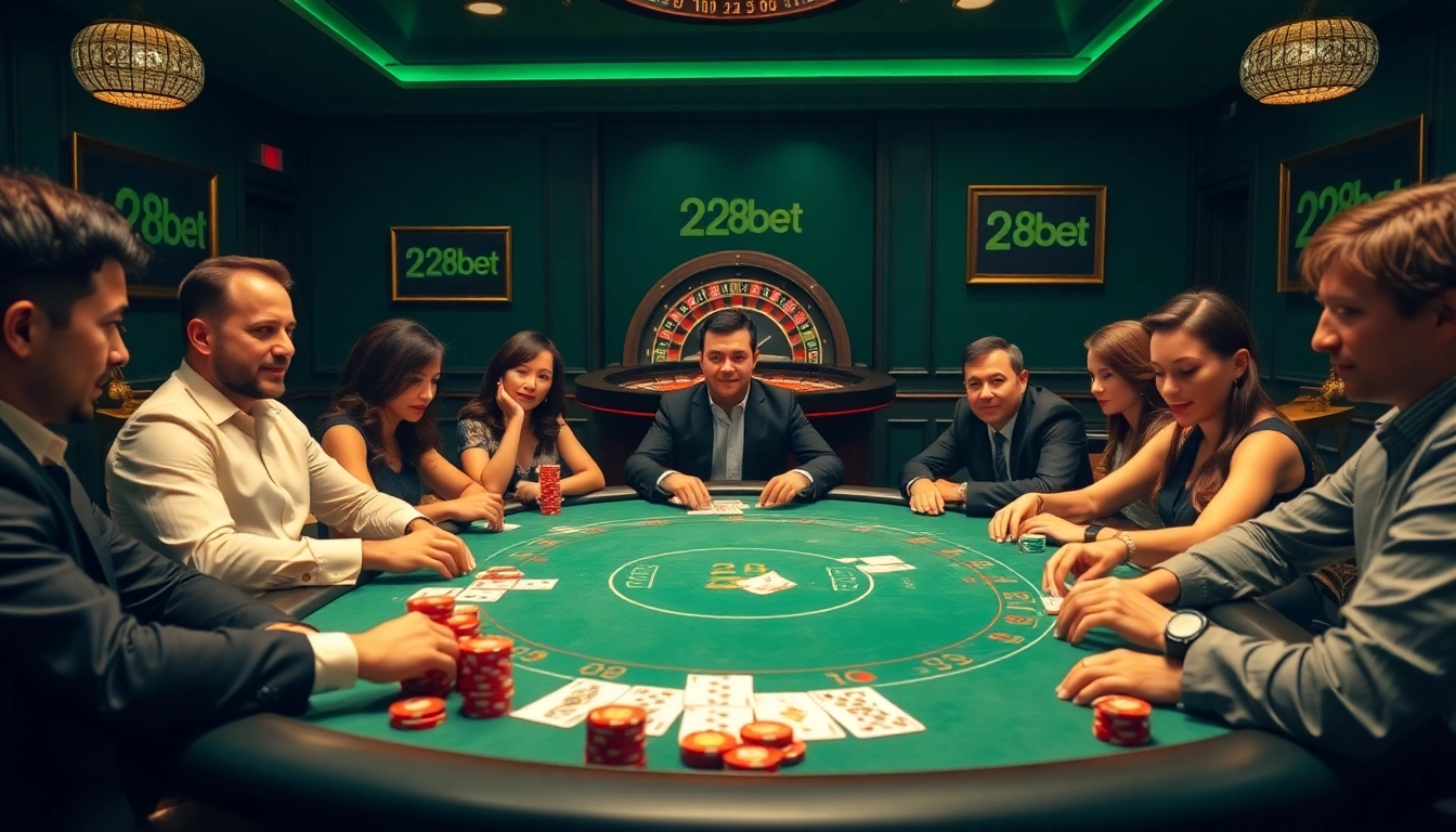 Players engaging in an exciting poker game at 28bet's luxurious casino, with dynamic lighting and vibrant colors.