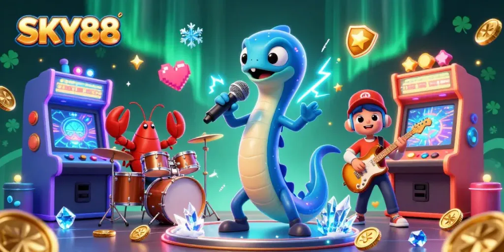 Join lively action at SKY88 with a DJ electric eel and a backup band in a vibrant underwater casino.