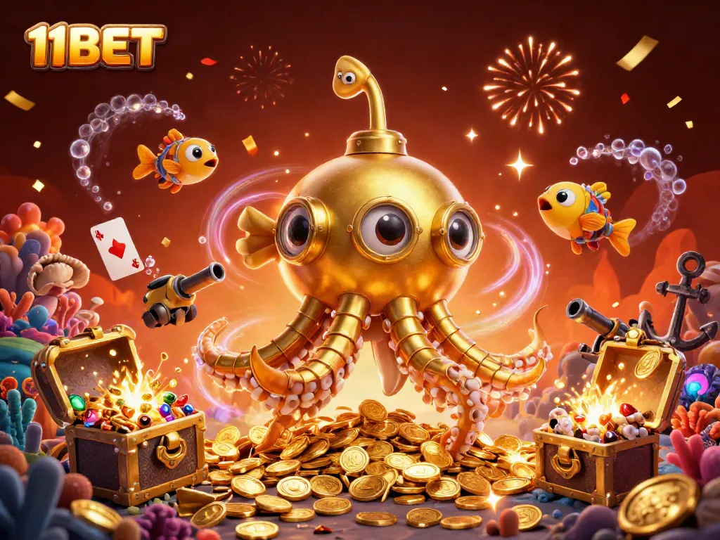 Experience thrilling gaming with 11BET's captivating golden kraken submarine amidst a treasure-laden underwater world.
