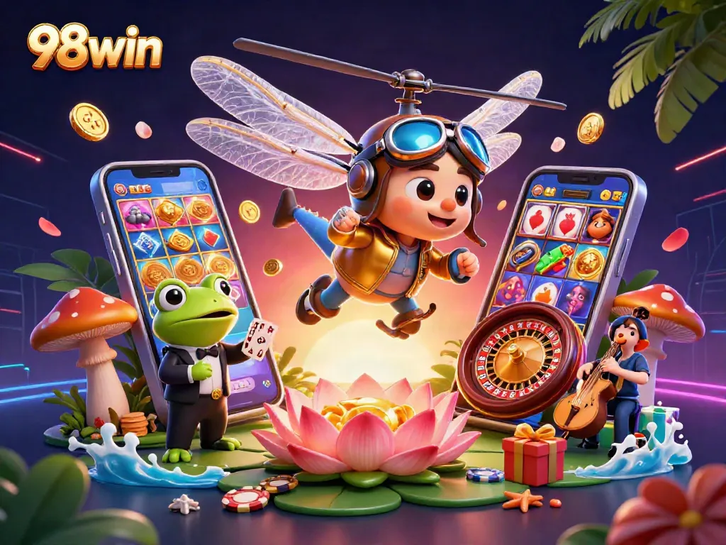 Engage with 98win's vibrant casino scene featuring a dragonfly pilot, frog dealer, and lively jazz musicians.