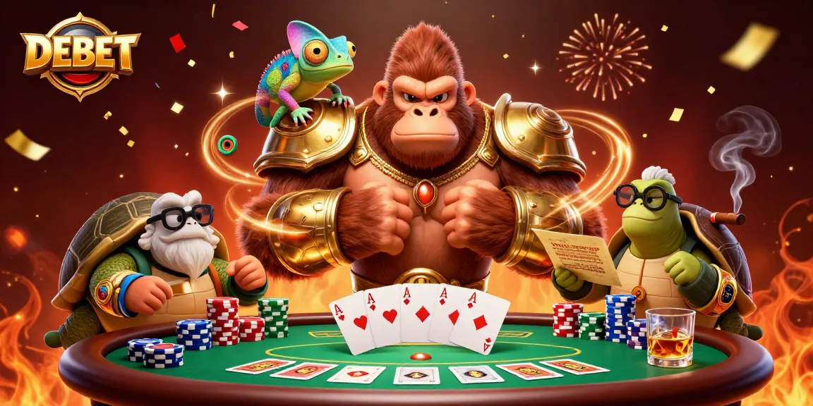 DEBET powerful 3D gorilla king leads a vibrant poker scene with chameleon and tortoise companions.