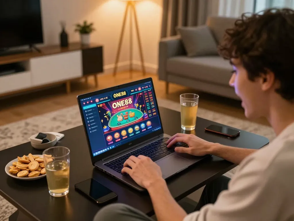 Player enjoying ONE88 online casino gaming on a laptop in a cozy living room