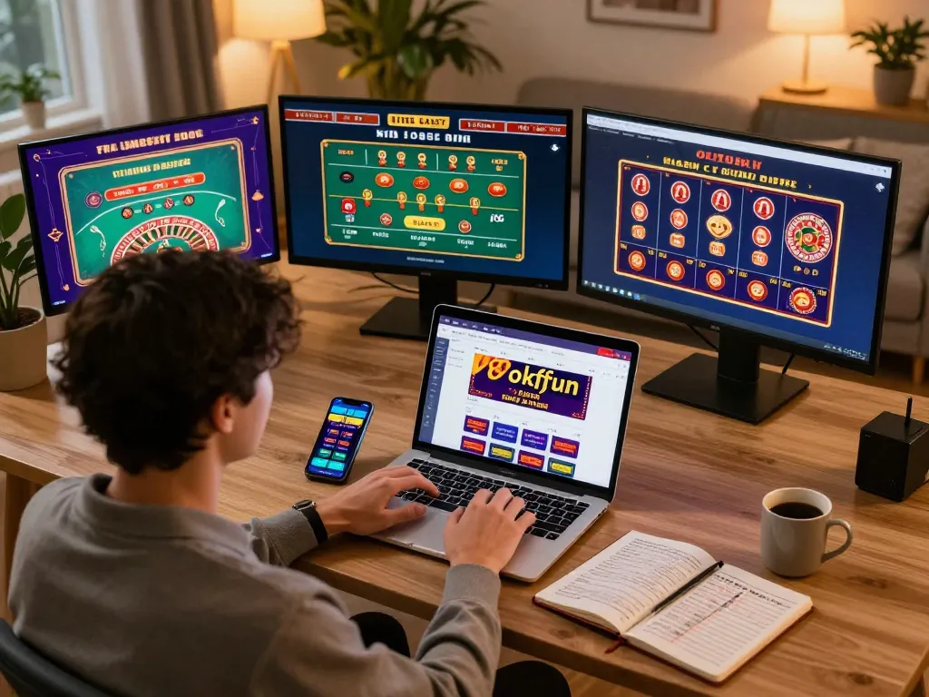 Engaging online gaming experience at okfun with dedicated player using laptop for strategic bets.