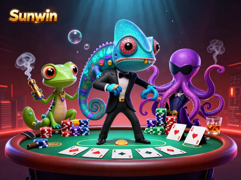 Engage with Sunwin's vibrant casino scene featuring colorful poker elements and dynamic characters.