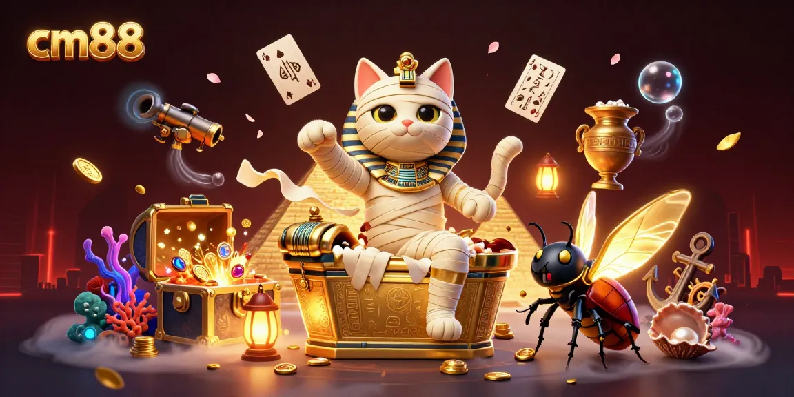 Experience thrilling gameplay with cm88 at a vibrant casino scene featuring an Egyptian mummy cat.
