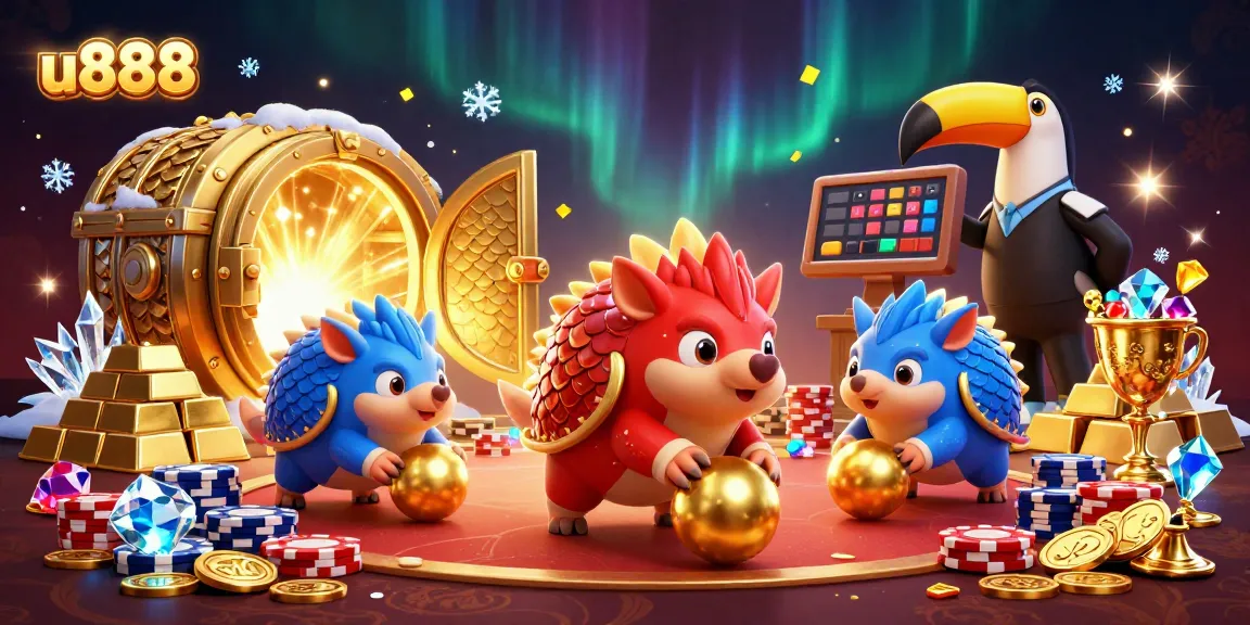 Engage with u888's thrilling casino action featuring 3D cartoon pangolins amidst gold and poker chips.