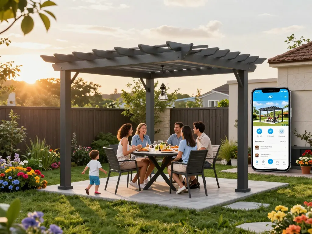 3D Pergola Configurator in family backyard scene with outdoor dining under elegant design.