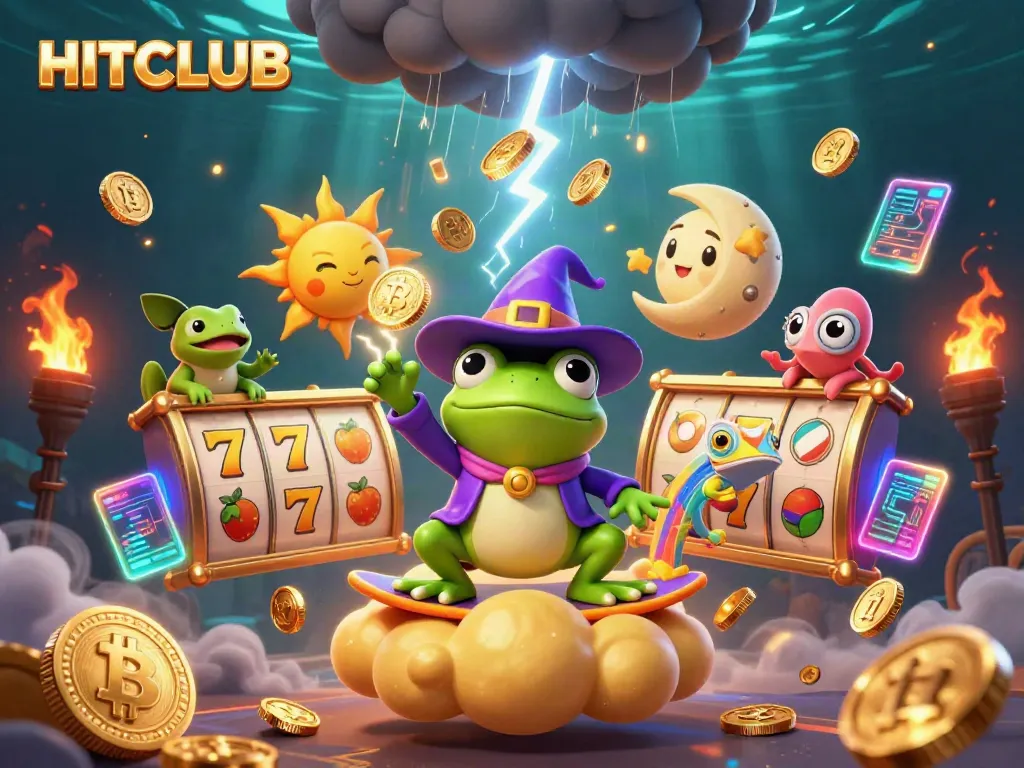 Experience the excitement at HITCLUB with 3D characters amidst a storm of golden coins and vibrant casino elements.