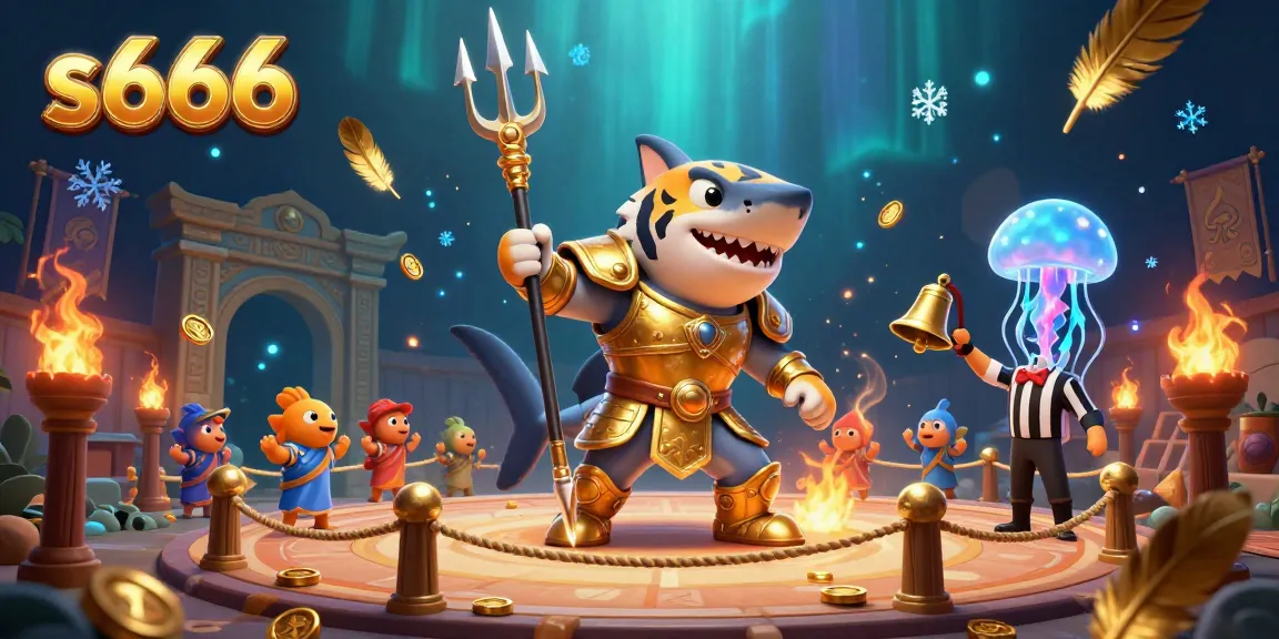 Experience the thrilling action of s666 with a golden tiger shark gladiator battling in a dazzling underwater colosseum.
