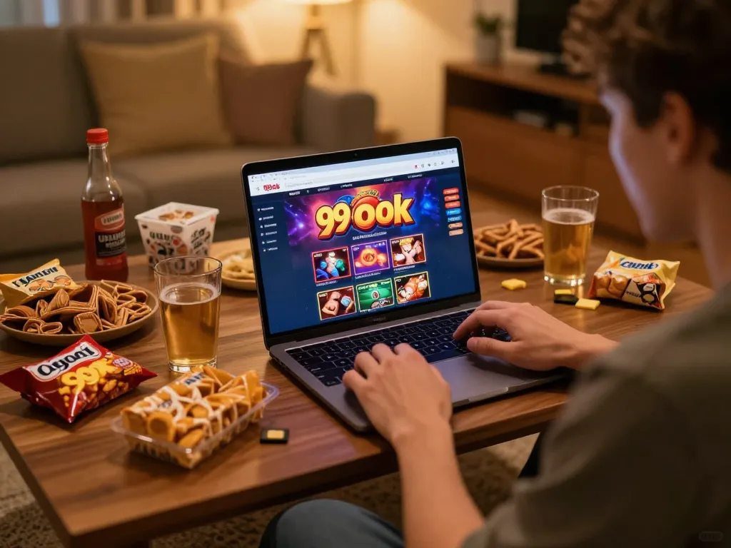 Engaged player using 99ok on a laptop at home, enjoying an online casino game.