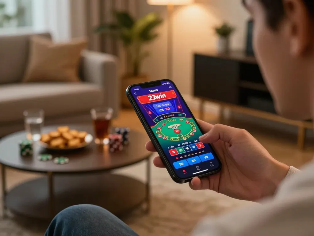Player interacting with the 23win app on a smartphone during an online casino game, casual warm setting.