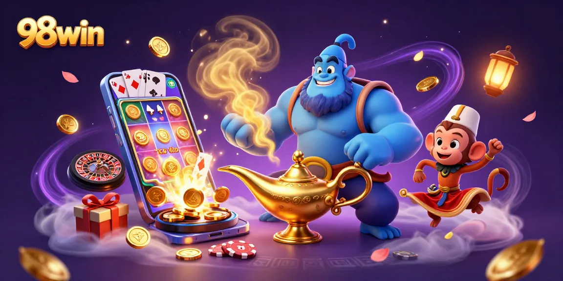 Engage with 98win's lively gaming scene featuring a genie, monkey, and magical carpet.