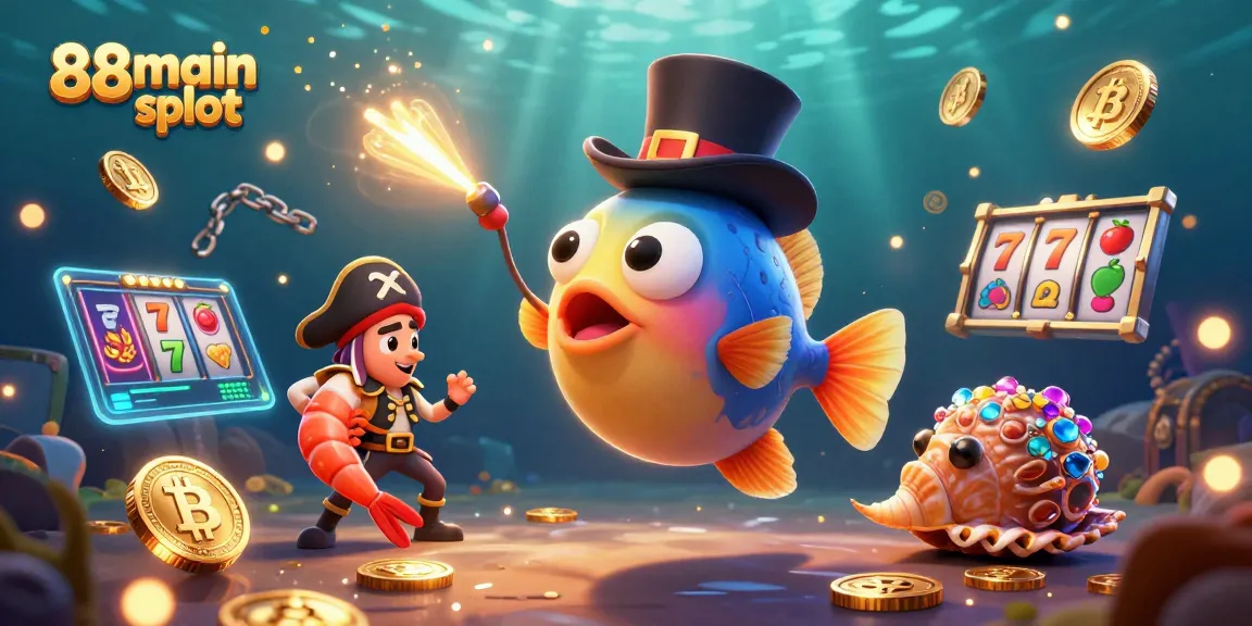 Memenangkan koin di adegan slot 88main yang cerah dengan ikan pemancing, udang bajak laut, dan siput laut berharga.