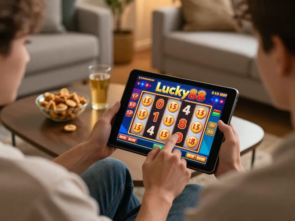 Engaging with the Lucky88 slot game on a tablet in a cozy home setting.
