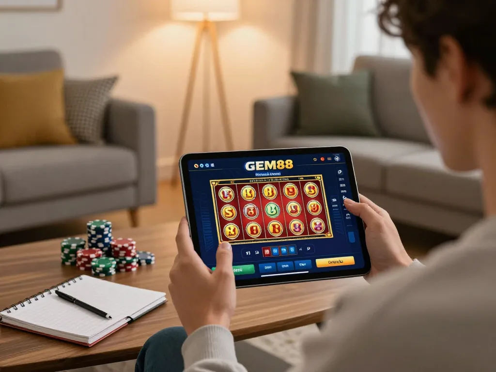 GEM88 player engaging with the casino app interface on a stylish tablet in a cozy living room.