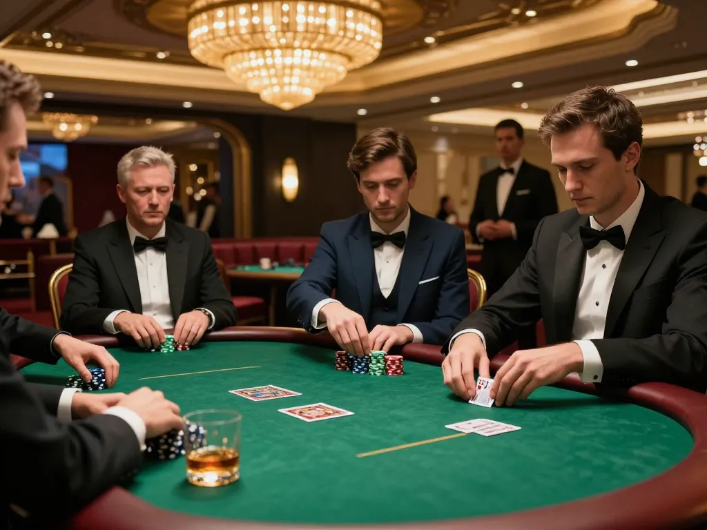 Players strategizing at a high-stakes bin88 poker table, showcasing chips and luxury atmosphere.