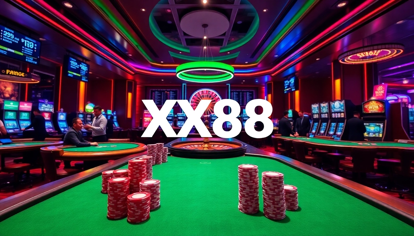 Players betting enthusiastically at a casino table with XX88 branding, showcasing excitement and professionalism.