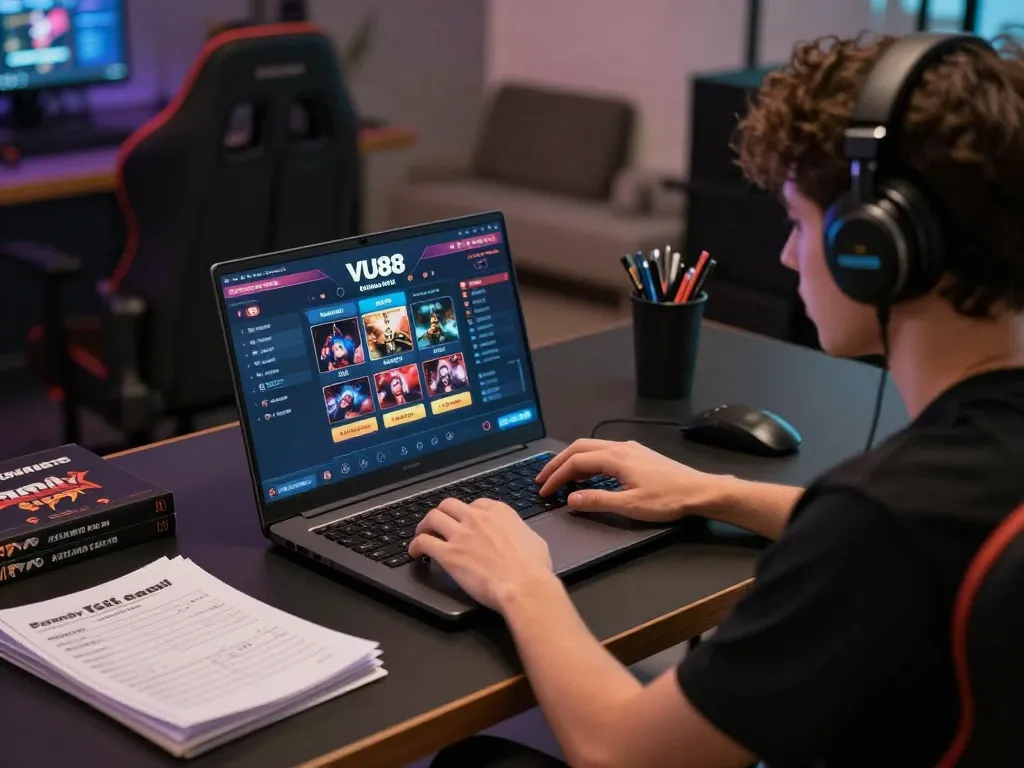 Player engaging with VU88 online casino interface, showcasing strategic gameplay setup for responsible entertainment.